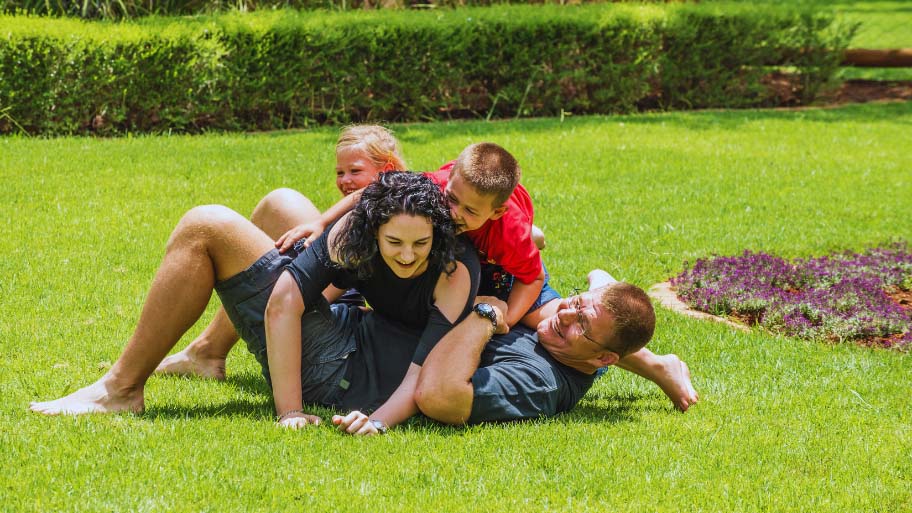 Family enjoying a green healthy lawn after dethatching
